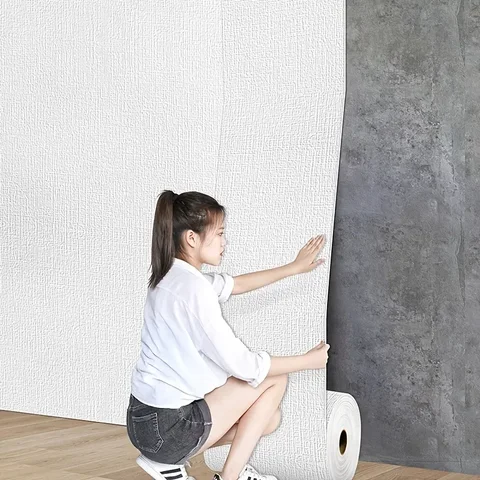 50cmX10m Linen 3D Foam Self-adhesive PVC Solid Color Thickened Waterproof Background Wall Renovation Wallpaper Wall Stickers