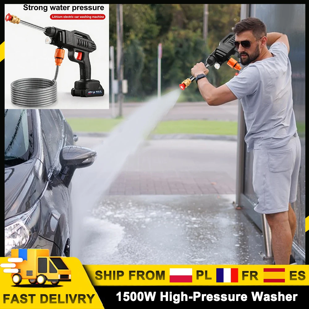 Nettoyeur haute pression sans fil 1500W, pistolet à eau portable pour voiture, machine de nettoyage à eau portable, conception auto-amorçante avec bouteille à mousse pour le lavage de voitures et le