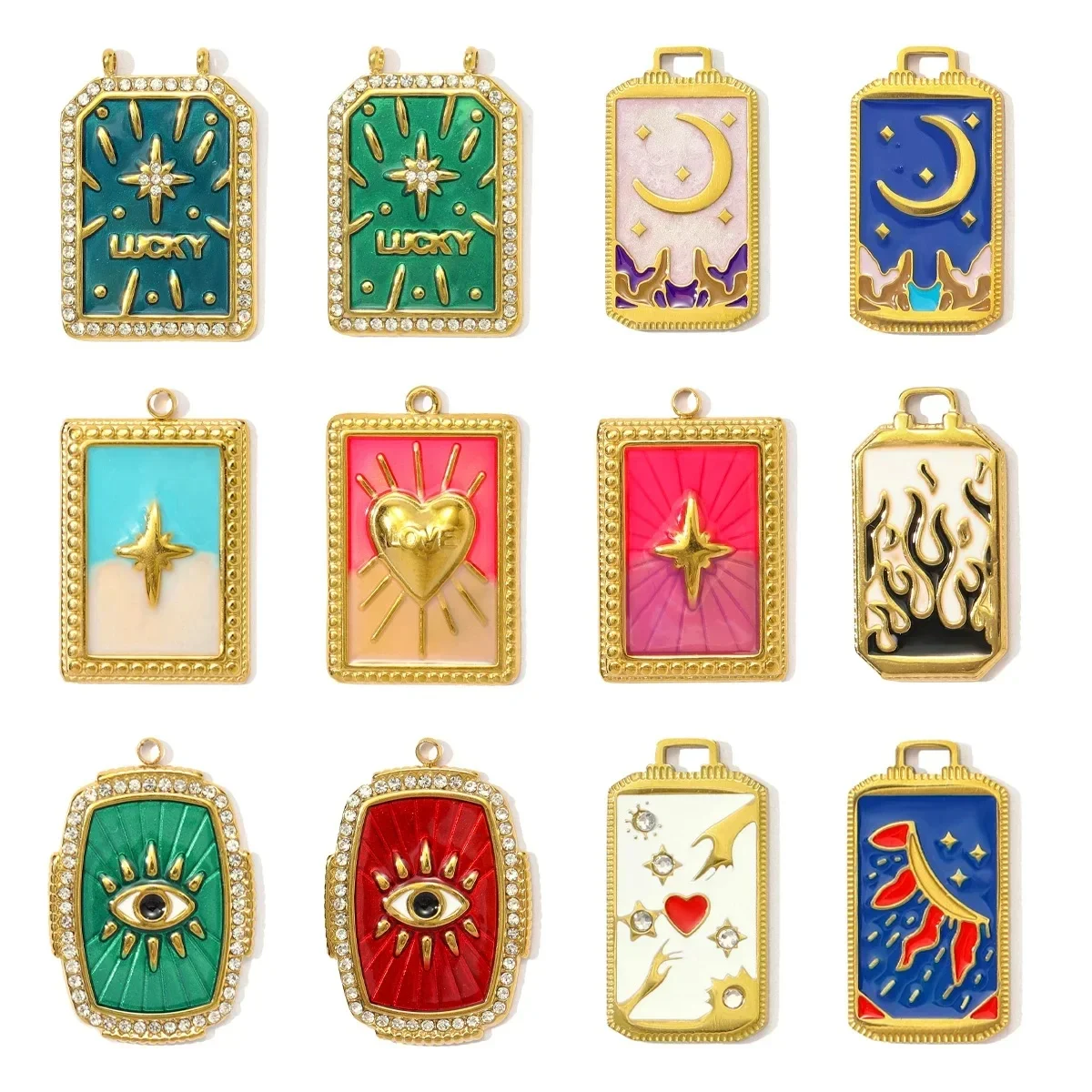 3 pièces/lot en acier inoxydable émail Tarot carte collier pendentifs étoile croissant de lune breloques à assembler soi-même femmes main oeil bijoux