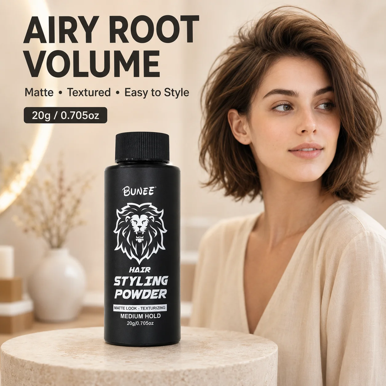 BUNEE Hair Styling Powder 20g, Root Volumizing Texturizing Powder with Matte Finish, Lightweight Medium Hold Hair Styling Powder