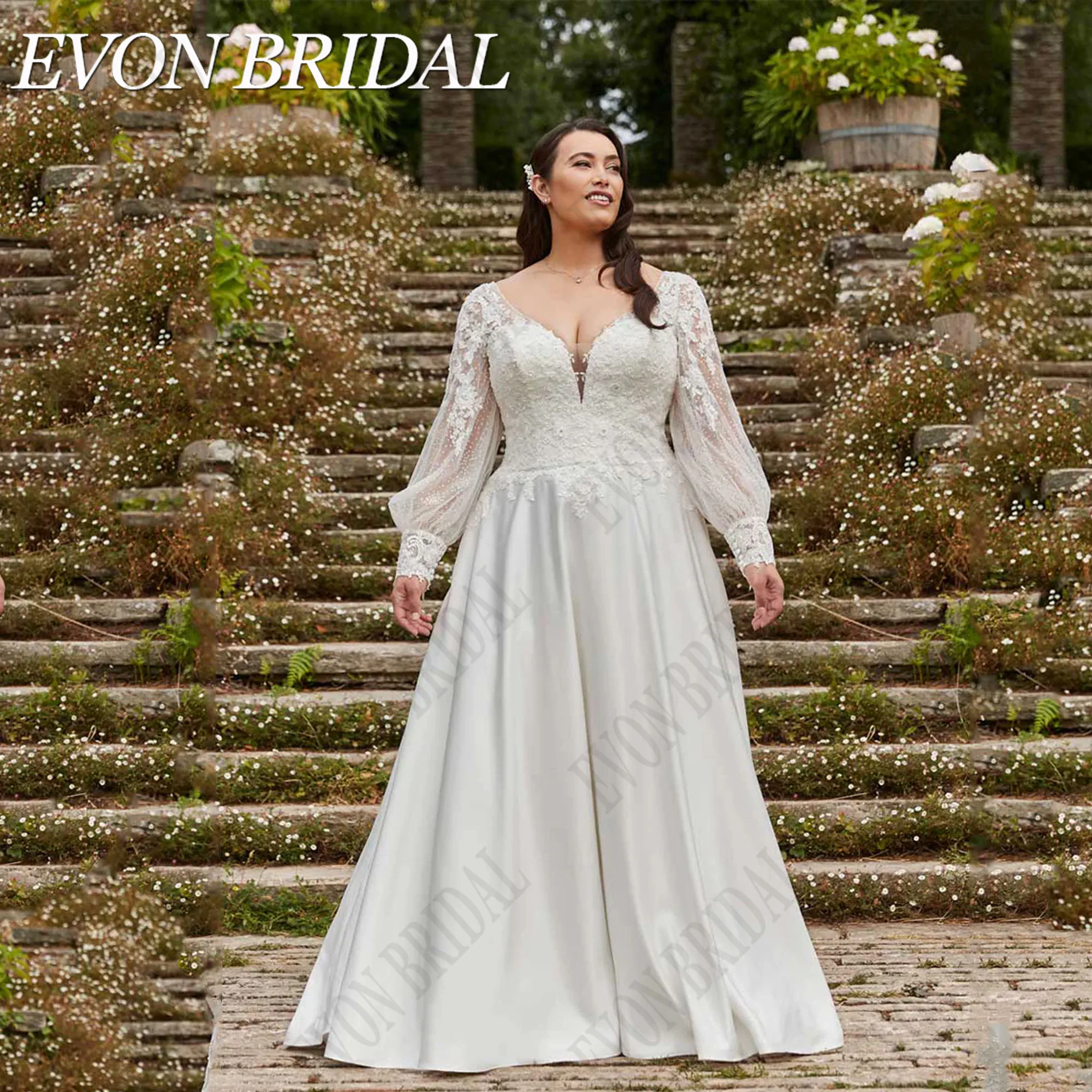 

EVON BRIDAL Plus Size Wedding Dresses Long Puff Sleeves V-Neck Satin A-Line Vintage Bridal Gowns Lace Applique Robe De Mariée