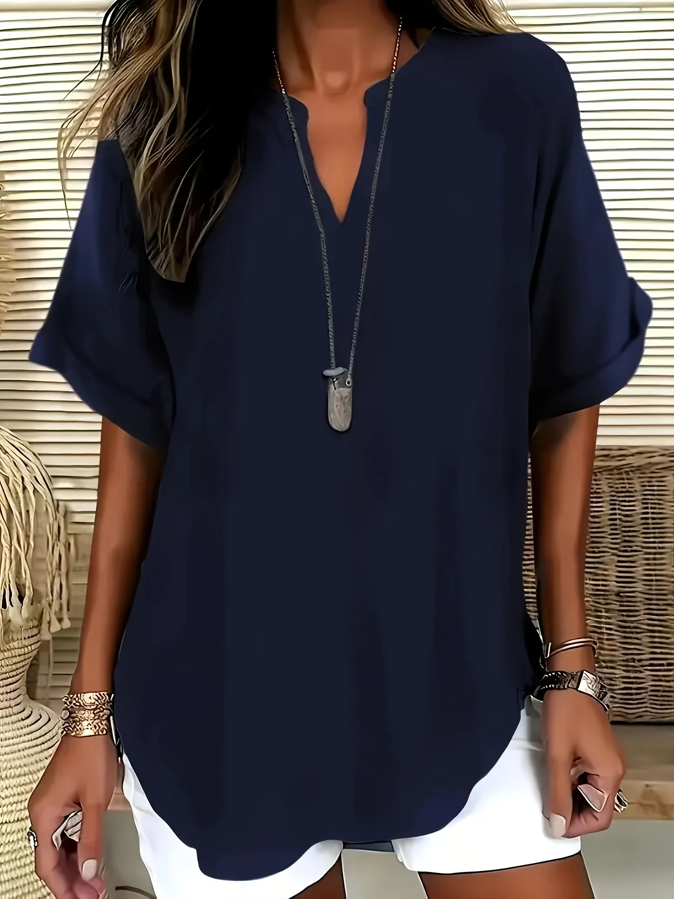 Elegant plus Size Ladies Solid Color Top Fashion V-Neck Short Sleeve Shirt Stylish Casual Wear for Women image 5
