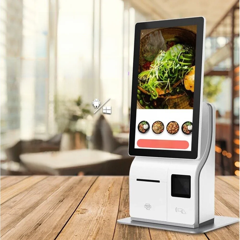 15.6 inch self order kiosk, self service terminal with touch screen Android or windows OSD, 58-80 mm printer, barcode scanner