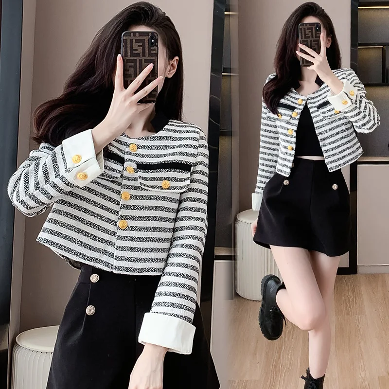 Autumn Women's Tweed Floral Design Patchwork Short Jacket Stripe Stand Collar Coats  Outwear Chaqueta