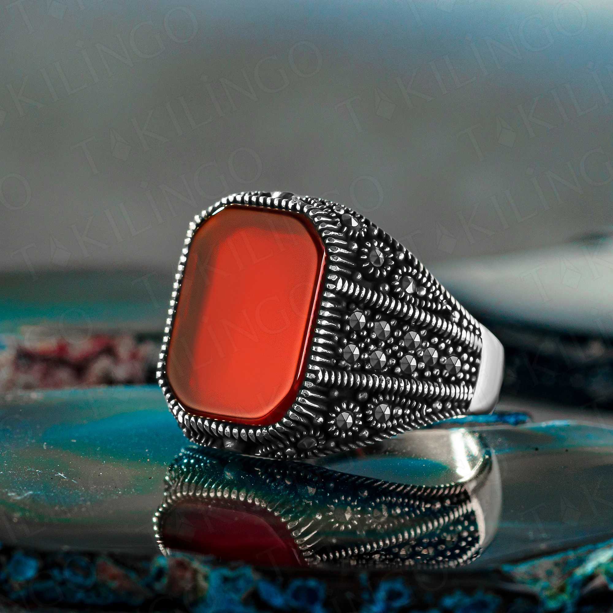 

Elegant Solid 925 Sterling Silver Side Marcasite On Red Agate (Aqeeq) Men's Ring Turkish Handmade Silver Jewelry Gift For Men