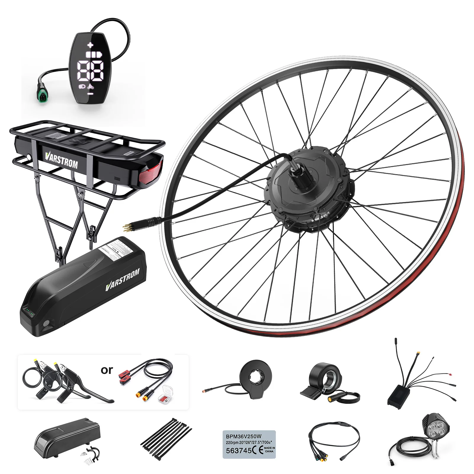 E-Bike 48V 500W Radnabenmotor Varstrom 125EVH Motor Vorder-/Hinterradantrieb Scheibenbremsen oder V-Brake optional E-Bike Umbausatz mit Akku großer Kapazität 48V 30Ah 20Ah 16Ah 13Ah