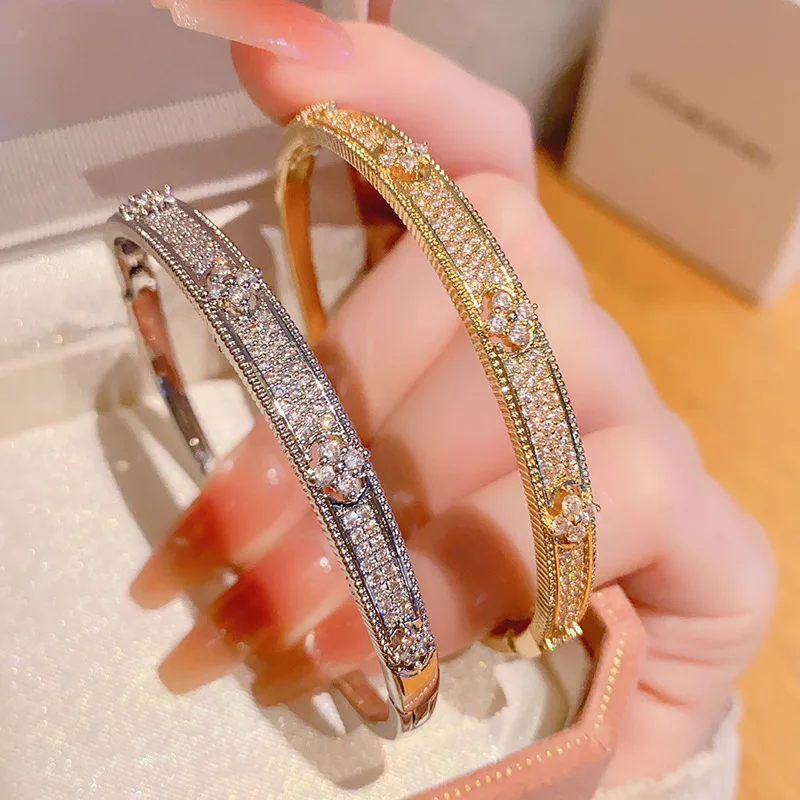 Women's Cubic Zircon Bangle Bracelets Full Micro Zircon Paved Shiny CZ Stone Flower Crystal Bangle Bracelets view 2
