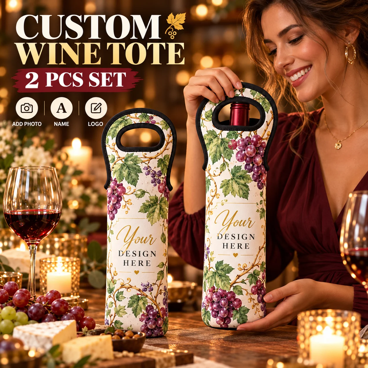 Custom Wine Bottle Tote 2PCS Personalized Photo Name Logo Neoprene Carrier Bag Gift for Wedding Party