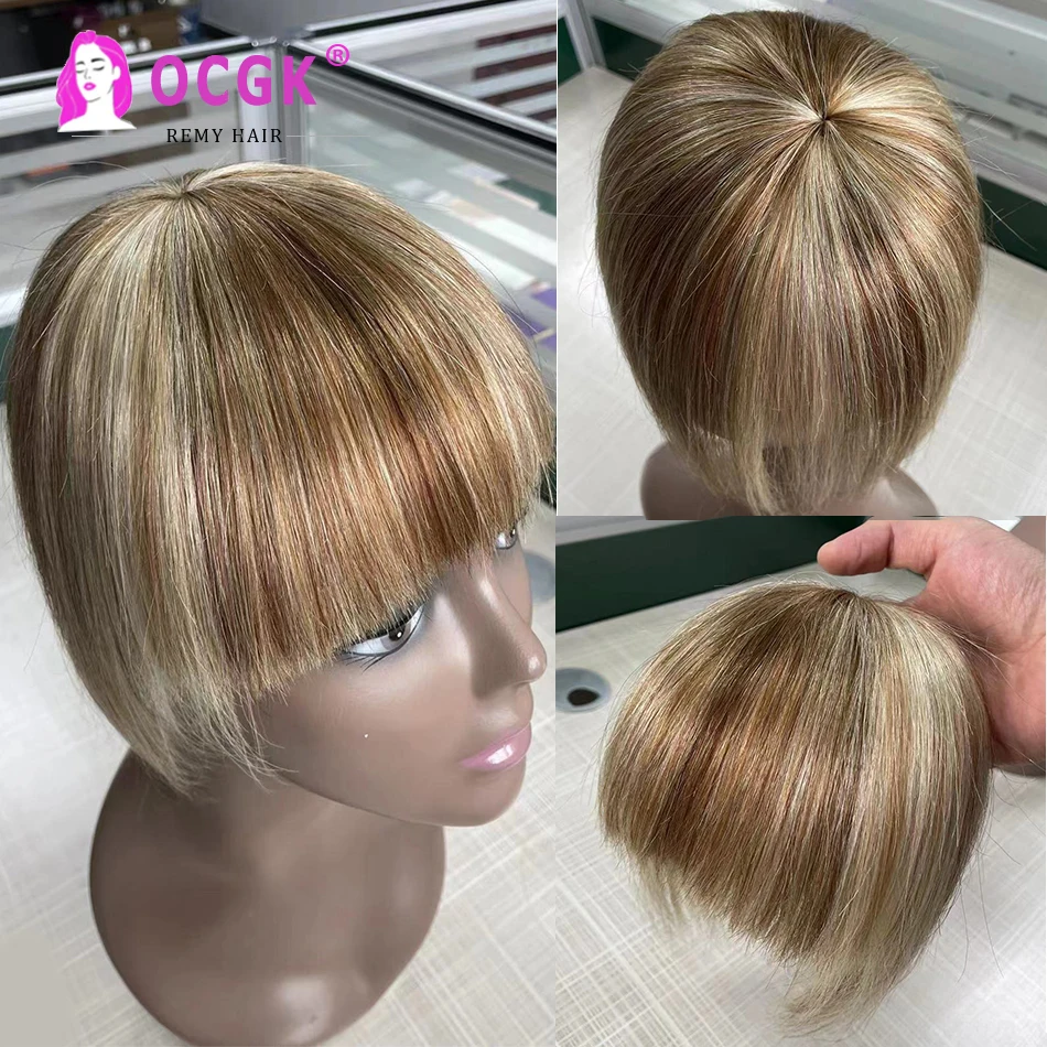 Clip In Bangs Human Hair Topper For Women 100% Human Hair Extensions Clip-In One Piece Blonde Piano Highlight Color Bangs Hair