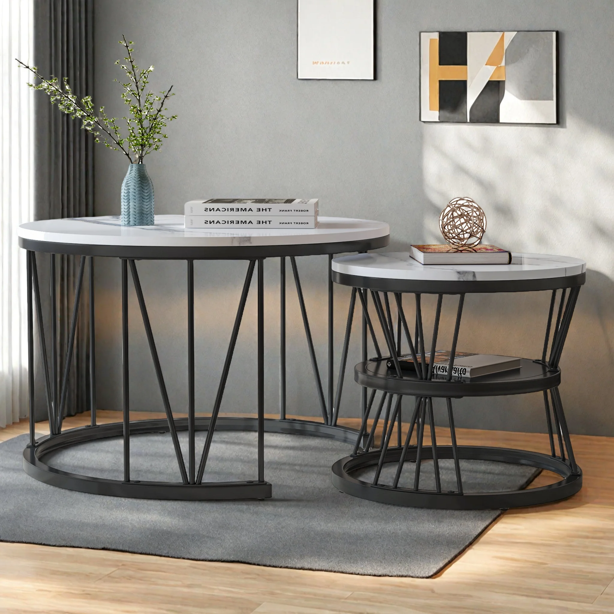 WoodenAura Moderner Runder Marmor-Couchtisch, Metallrahmenbeine, Tischplatte aus Marmorimitat, Sofa-Beistelltisch, Mitteltisch