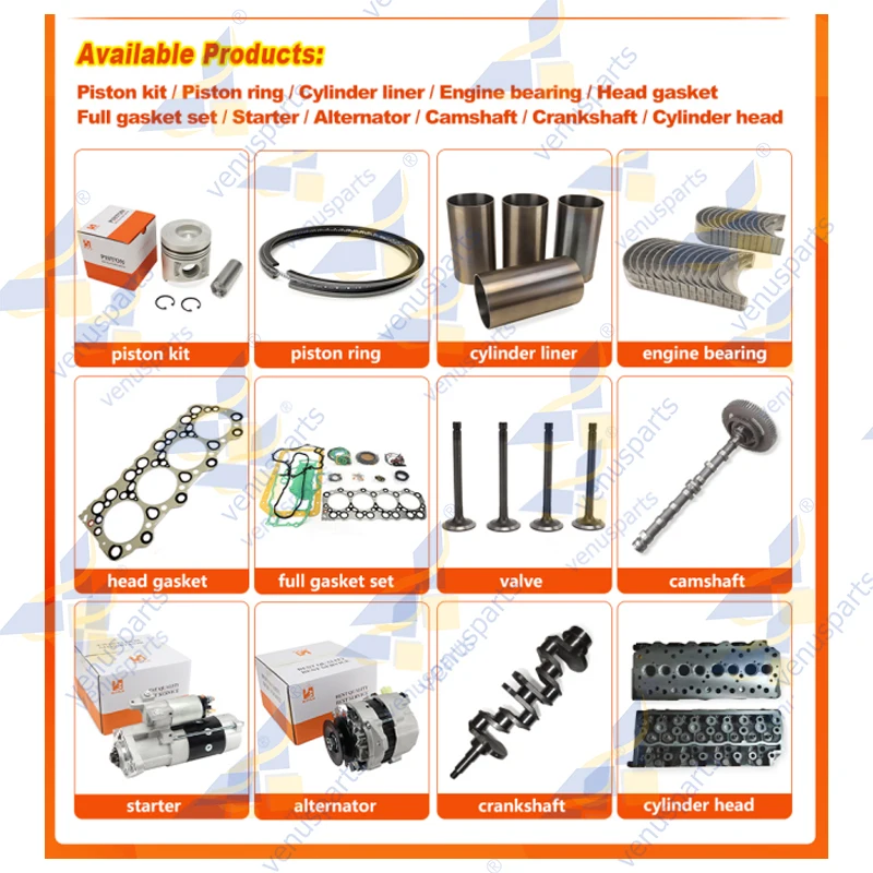 4TNV86 Cylinder Head Gasket+Piston Kit For Yanmar Engine Overhaul Rebuild Kit