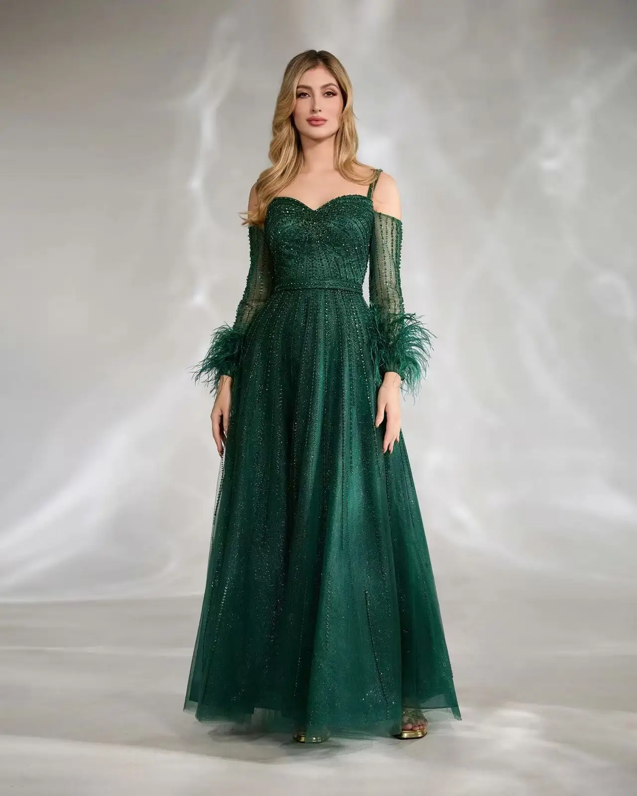 Shalimar Zhang 녹색 이브닝 드레스 긴 소매 패션 숙녀 럭셔리 호스트 드레스 맞춤형