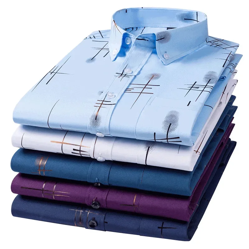 Plus 5XL Męska koszula towarzyska Wiosna Jesień Długi rękaw Moda Gładka brązująca Casual Cienki nieżelazny nadruk Slim Fit Koszule biznesowe — zdjęcie 2