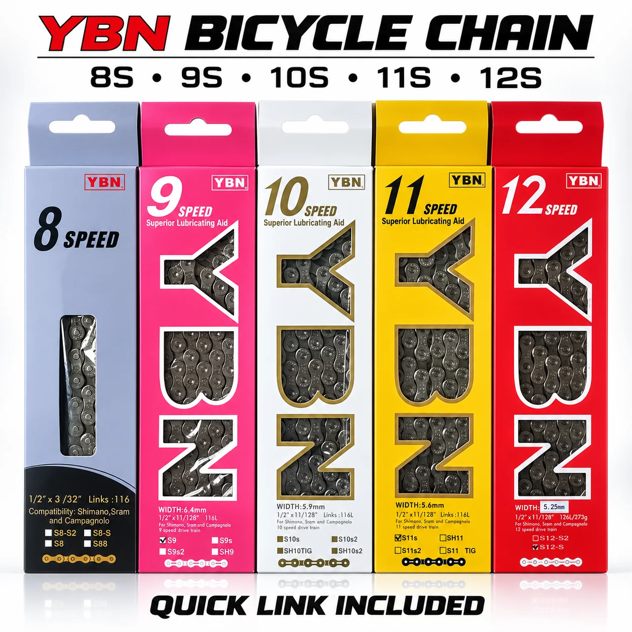 YBN Taiwan Leichtgewichtige Fahrradkette 8 9 10 11 12 Gang MTB Rennradkette Hochfester Antriebsstrang Ersatzteile für Fahrräder