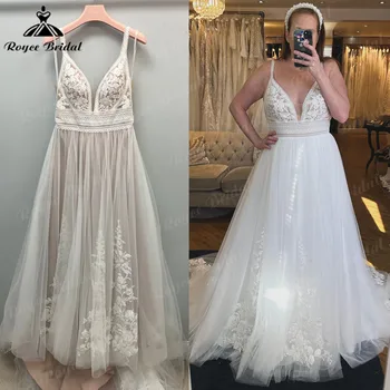 رداء المدني الدانتيل بوهو البوهيمي السباغيتي الأشرطة فستان الزفاف للنساء 2025 الخامس الرقبة فستان زفاف مخصص رداء mariée bohème
