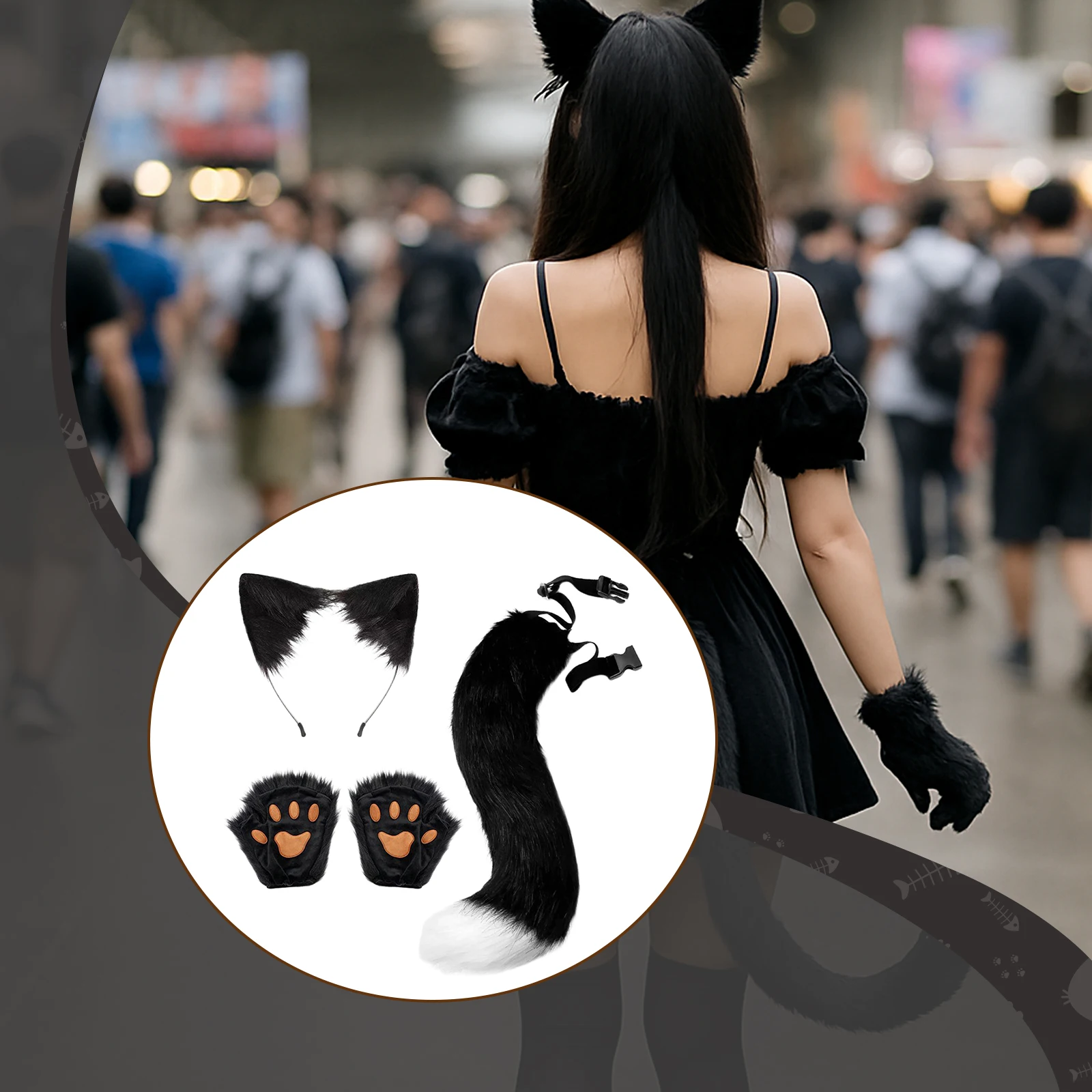 Animal Foxes Cat Costume Set Headband with Matching Tail  Paw Gloves for Cosplay Lolita Kawaii Theme Party Fancy Dress Up