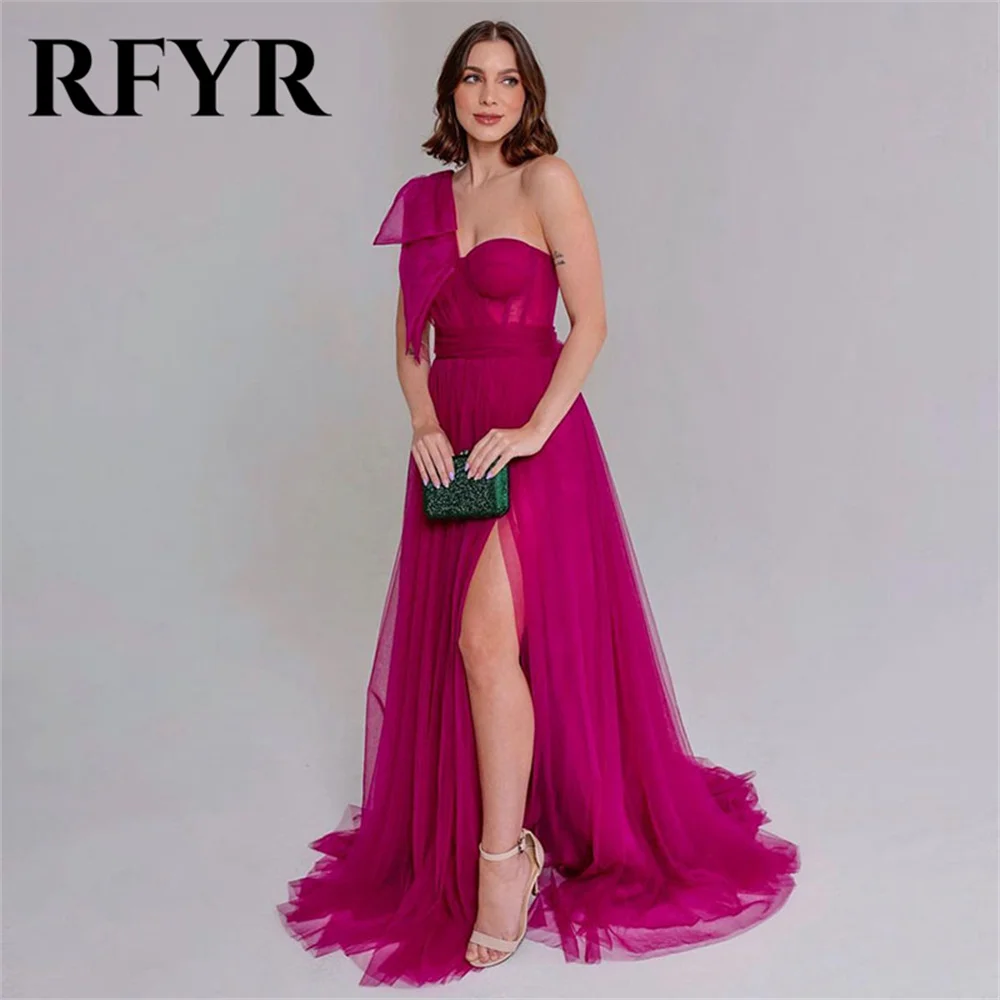 

RFYR Fuchsia Tulle Evening Dresses Vestidos De Fiesta One Shoulder Slit Prom Dress A Line Bow Back Robes De Soirée Customized