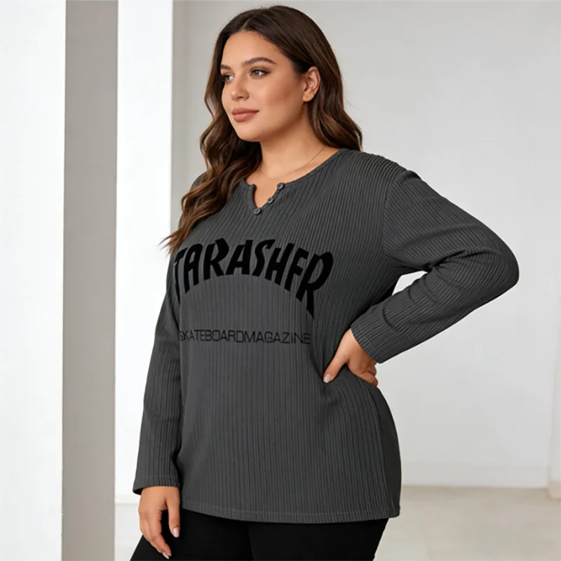 تي شيرت كبير الحجم مطبوع عليه لوح التزلج بأكمام طويلة على الطراز الكوري سترة فضفاضة 50-150 كجم ملابس خروج غير رسمية للسيدات #4