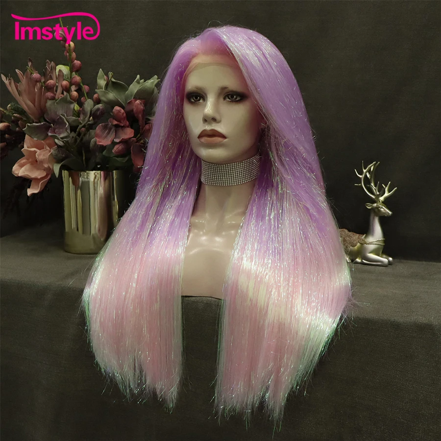 Imstyle Tinsel Lace Wig Pink Synthetic Lace Front Wig Long Straight Wig For Women Party Cosplay Wigs