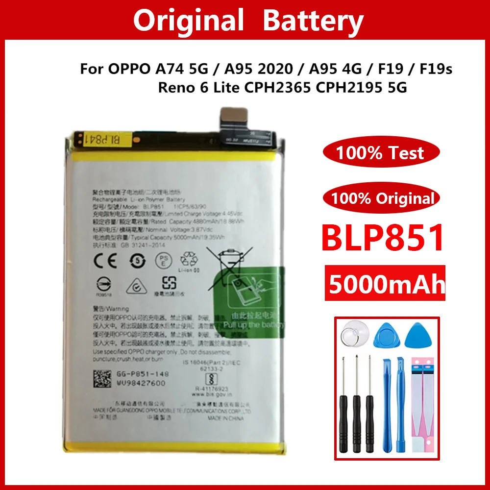 100% Genuine Original 5000mAh BLP851 Battery For OPPO A74 5G A95 4G F19 F19S Reno 6 Lite CPH2197 CPH2263 Batteria + Free Tools