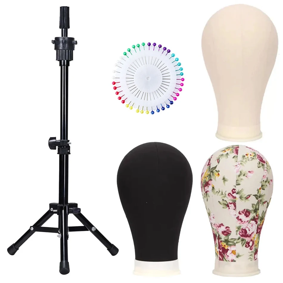 Image of 22 Zoll Canvas-Perückenkopf für Perücken-Training, Kork-Canvas-Perückenkopf-Mannequin für Perückenherstellung, Styling und Präsentation mit Stativ