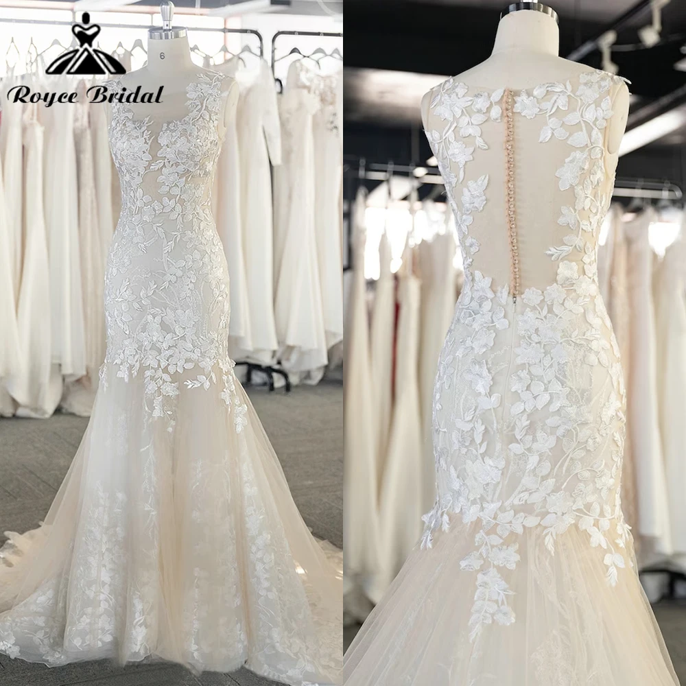 

Exquisite O Neck Sleeveless Lace Appliques Tulle Mermaid Wedding Dress For Women Sexy Bridal Gown Back Button Sweep Vestido Robe