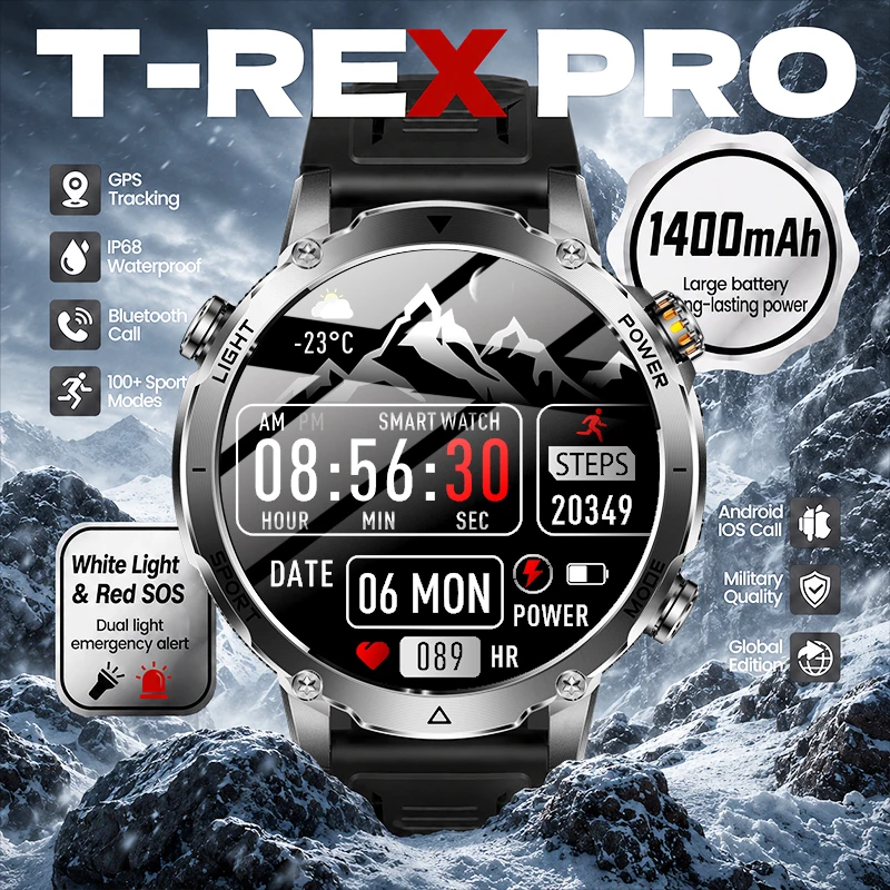

2026 T-REX PRO Built-in GPS Trail Adventure Smart Watch 1400mAh 1.7" AMOLED IP68 Waterproof White Red SOS BT Call Smartwatch Men