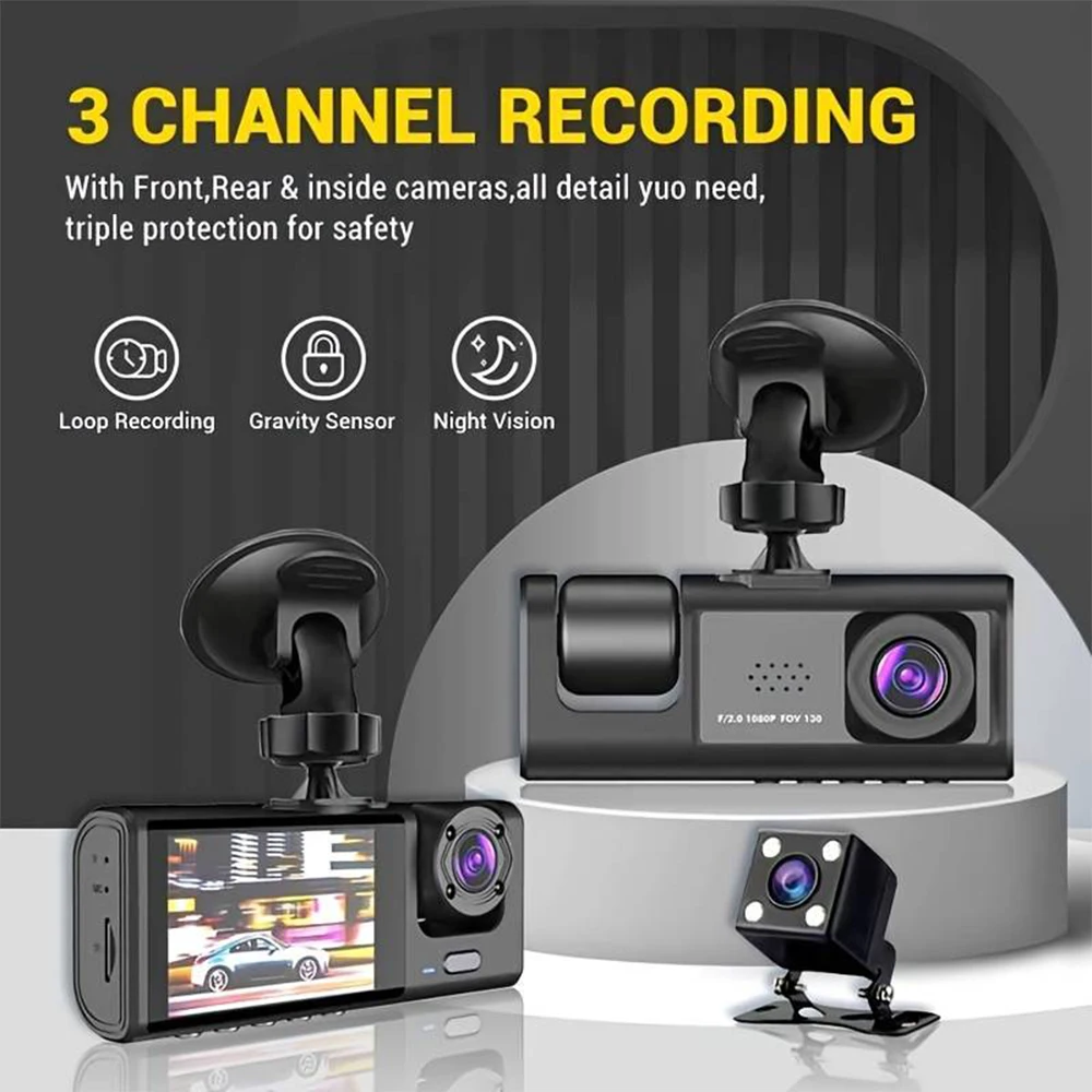 3 Channel 1080P Dash Cam Front/Rear/Inside 3 Lens Recording IR Night Vision Loop Recording 2" IPS Screen Wide Angle Car DVRs