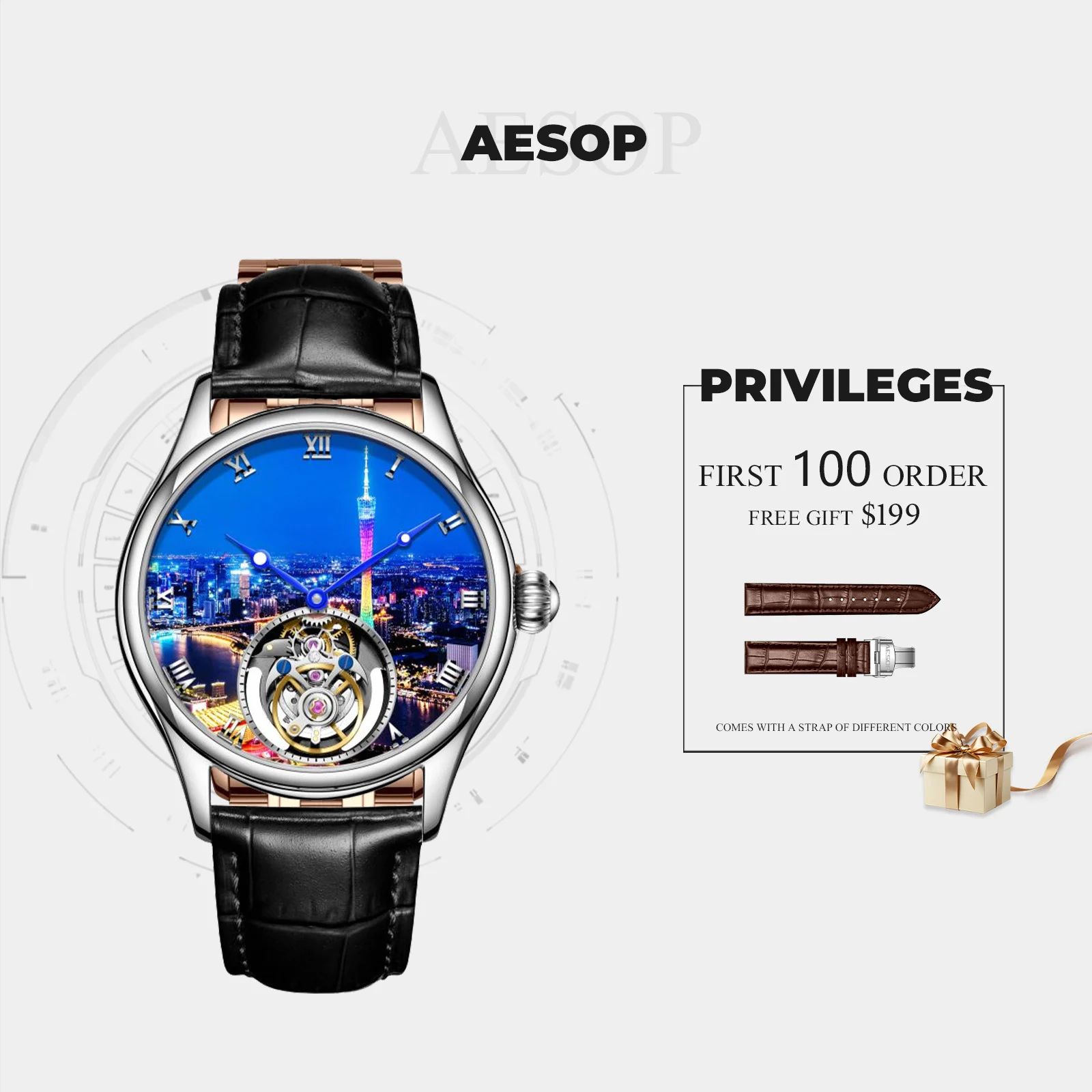 AESOP Luxury Tourbillon Automatic Watch  Flying tourbillon movement Blue night scene dial Waterproof stainless steel watch