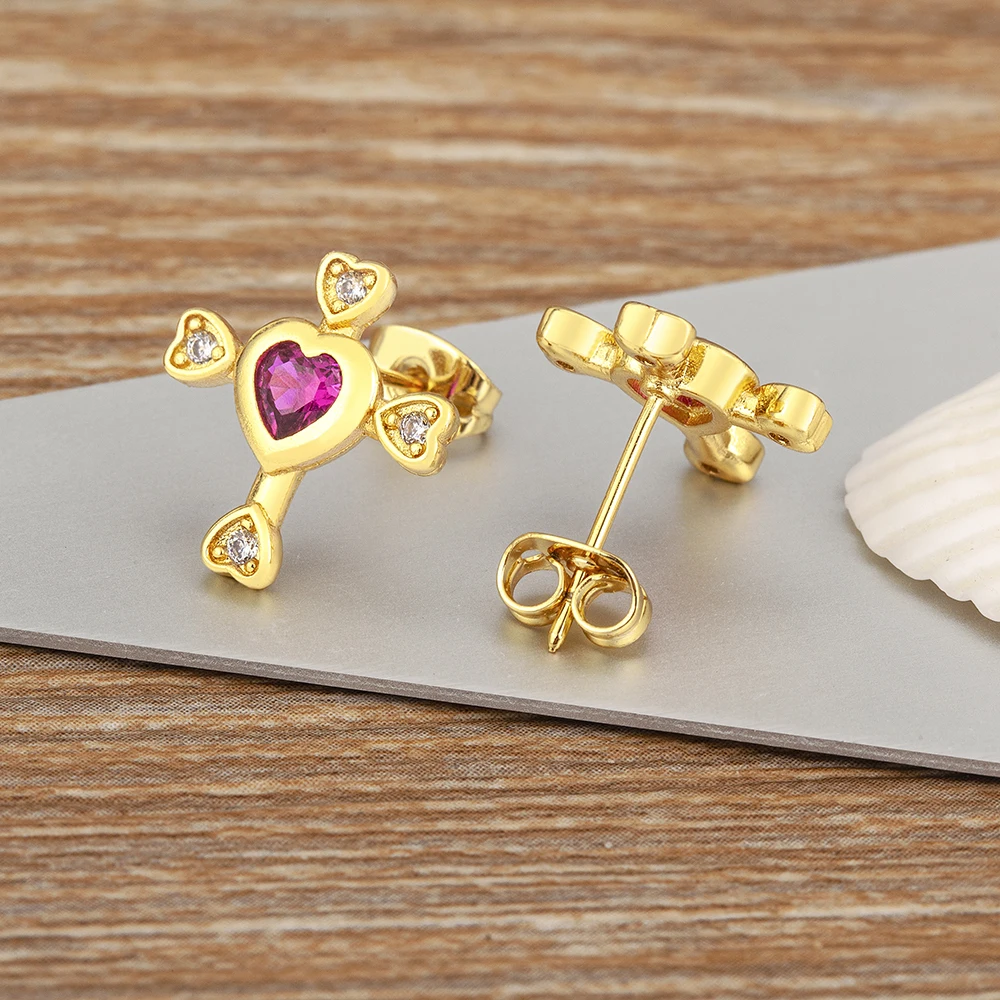 Nidin New Trendy Heart Shape Inlaid Rose Red/White Shine Zircon Charm Stud Earrings For Women Ear Jewelry Valentine\'s Day Gifts