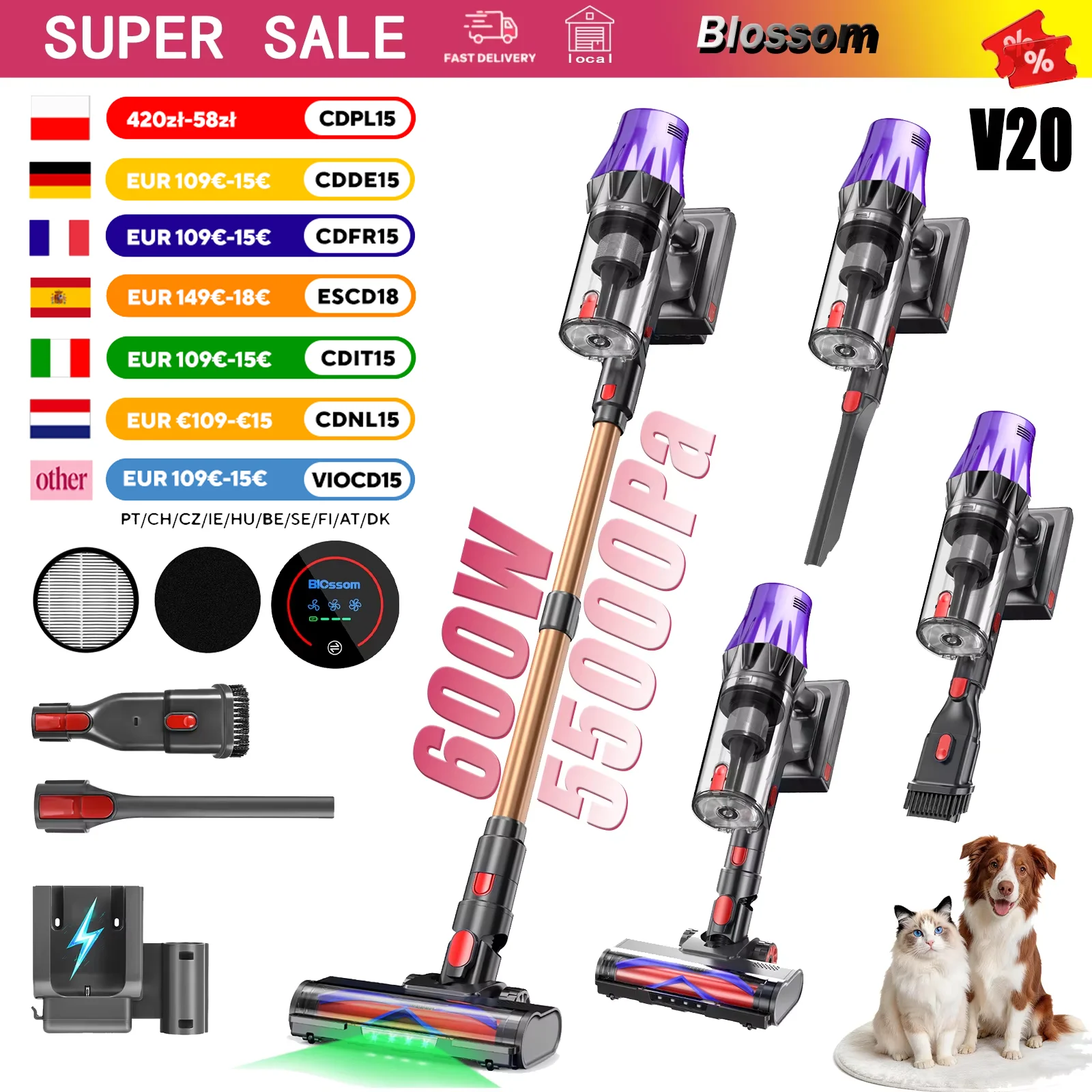 Aspiradora Inalámbrica Blossom V20, Motor sin Escobillas de 600W, 55KPA, 3 Niveles de Ajuste, Pantalla Táctil Completa Morado Dorado, Depósito de Polvo Grande de 1.8L, Batería de 8 Celdas, 60 Minutos de Autonomía, Cepillo para Pisos, Tubo Telescópico, Aspiradora Portátil para Hogar, Alfombras y Pisos