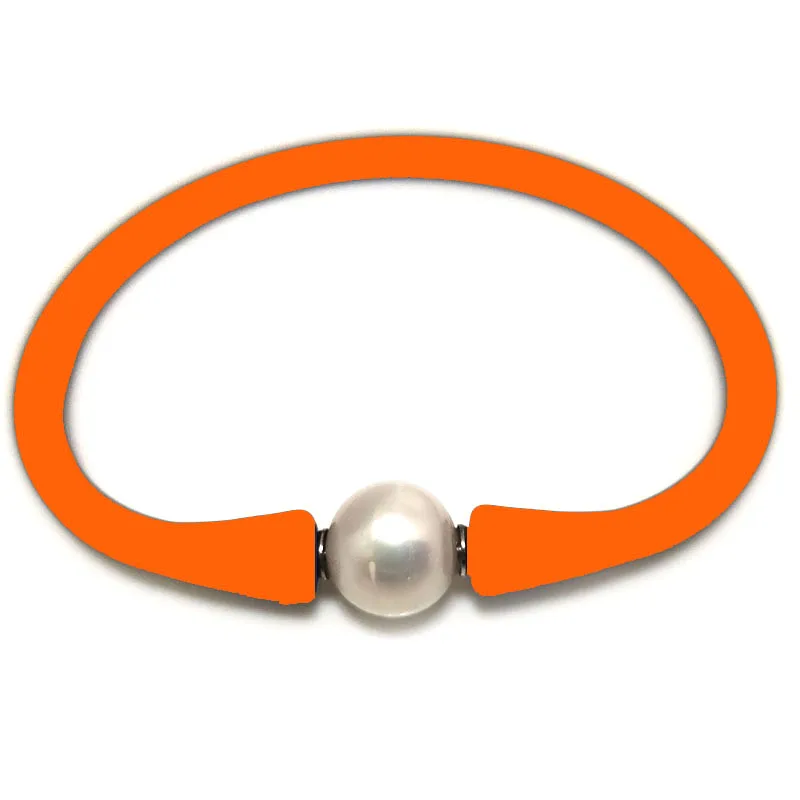 7 inches 10-11mm Natural Round Pearl Orange Rubber Silicone Bracelet