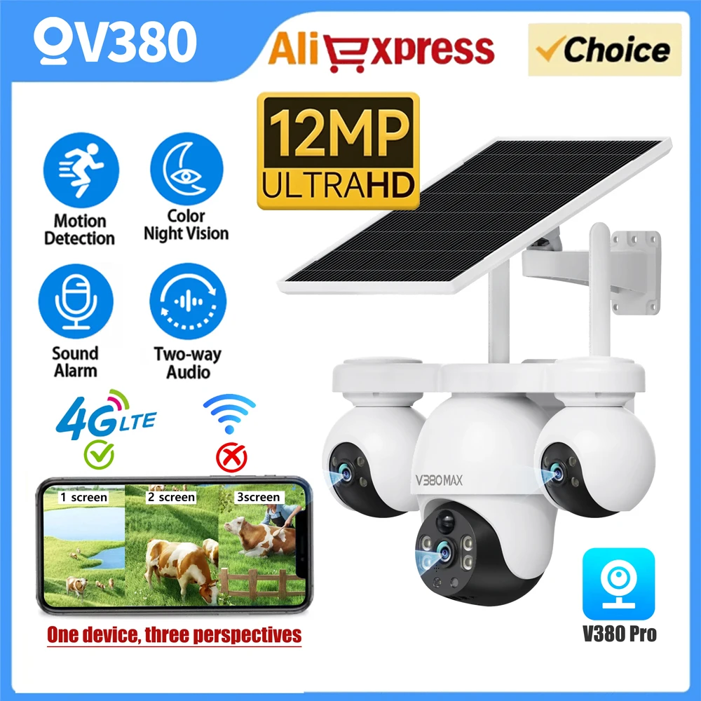 12MP Solar IP Camera 4G Outdoor Triple Lenses Triple Screens Security Full Color Night Vision Waterproof CCTV Camera