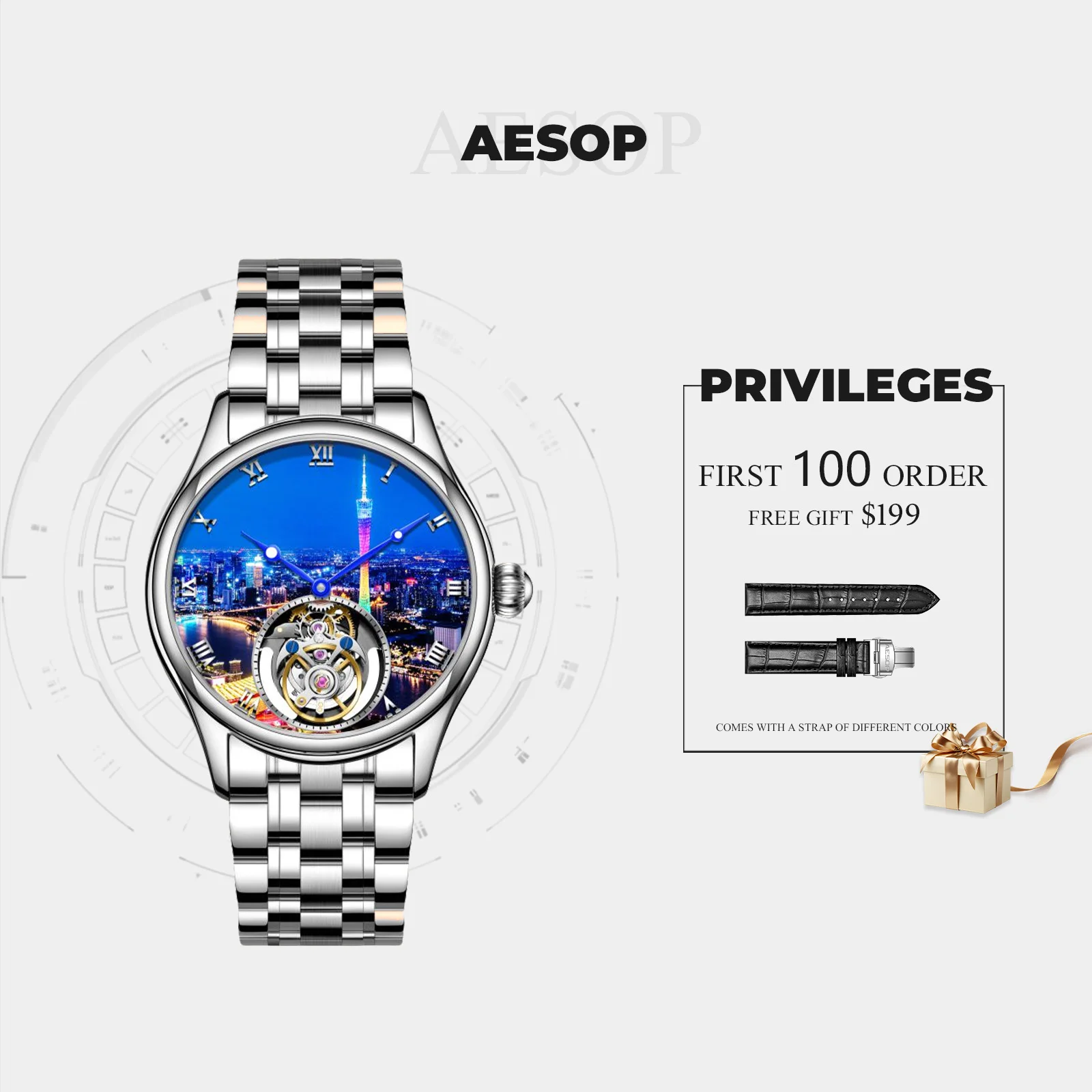 AESOP Luxury Tourbillon Automatic Watch  Flying tourbillon movement Blue night scene dial Waterproof stainless steel watch