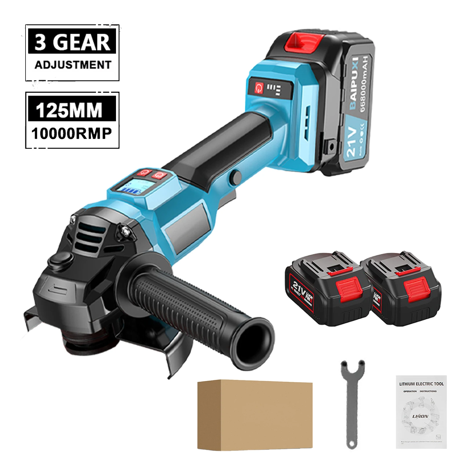 Amoladora Angular Inalámbrica de 21V con Motor sin Escobillas de Litio-Ion, 3 Velocidades, Pantalla Digital, 10000 RPM, Herramienta para Cortar, Esmerilar y Pulir, 2000W, 125mm
