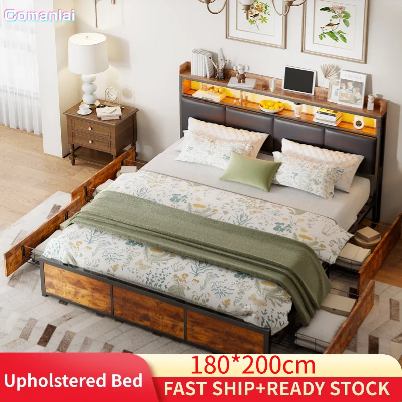 Letto imbottito Comanlai, 180 x 200 cm, struttura in ferro, letto matrimoniale con luci a LED e 4 cassetti portaoggetti, letto imbottito con rete a doghe
