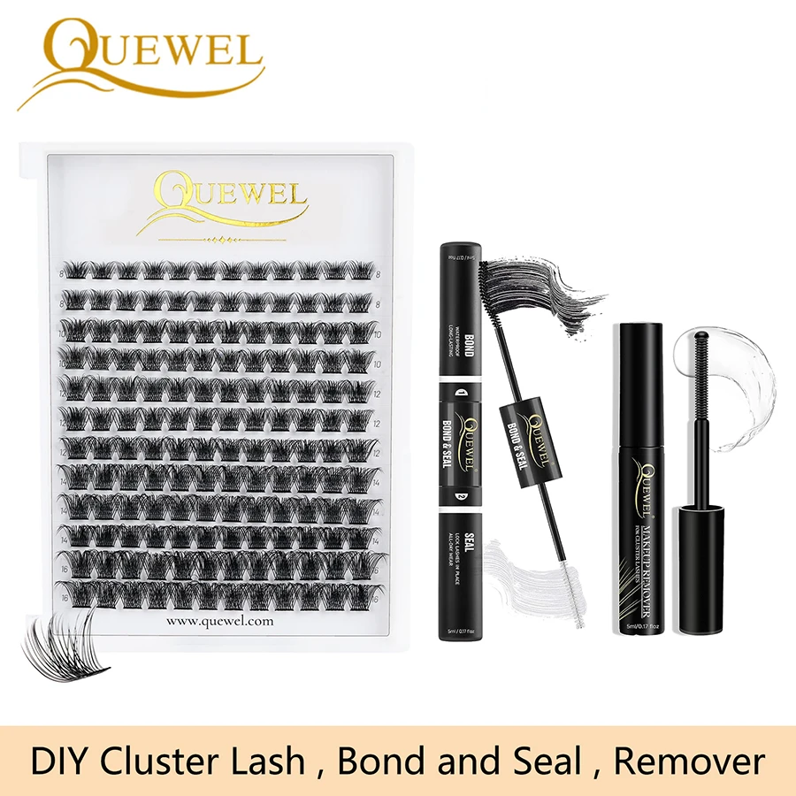 

Quewel DIY Lashes Kit 144Pcs Cluster Eyelash Extension with Bond and Seal Long Lasting Lash Glue 8-16Mix Home DIY Cluster Lashes