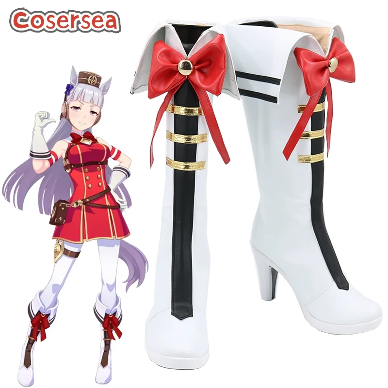 รองเท้าคอสเพลย์ Cosersea Gold Ship Uma musume: Pretty Derby รองเท้าส้นสูงสีทองสำหรับฮาโลวีน รองเท้าคอสเพลย์หนังสีขาว รองเท้าบูทคอสเพลย์