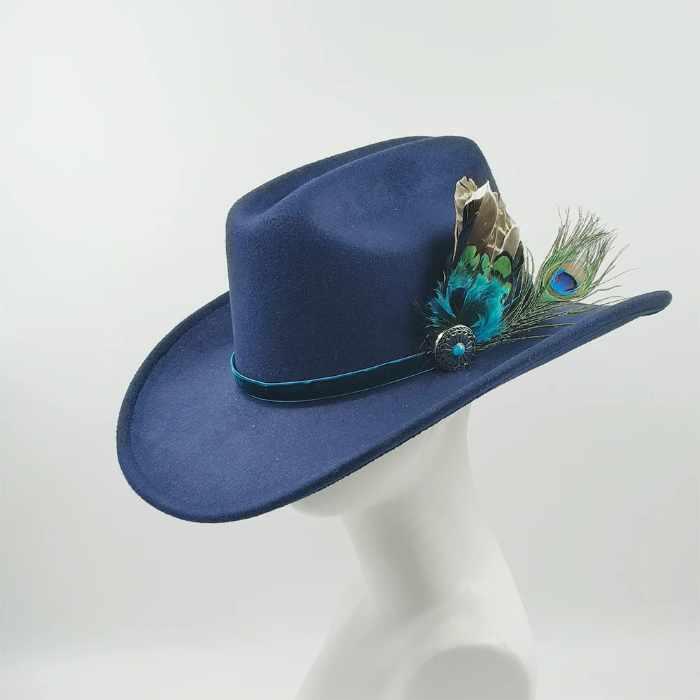 cowboy hat gold velvet peacock feather DIY retro double concave western cowboy hat men and women jazz cowboy hat