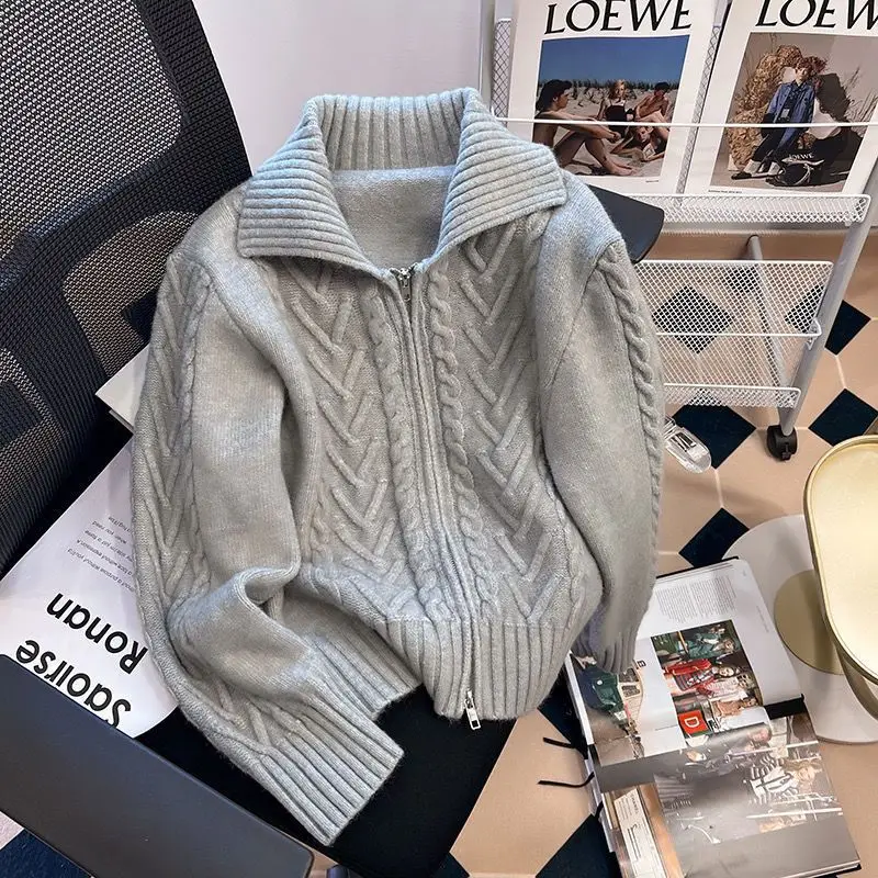 A grey twisted zipper sweater jacket for women's autumn and winter, with a thick design sense and a laid-back style