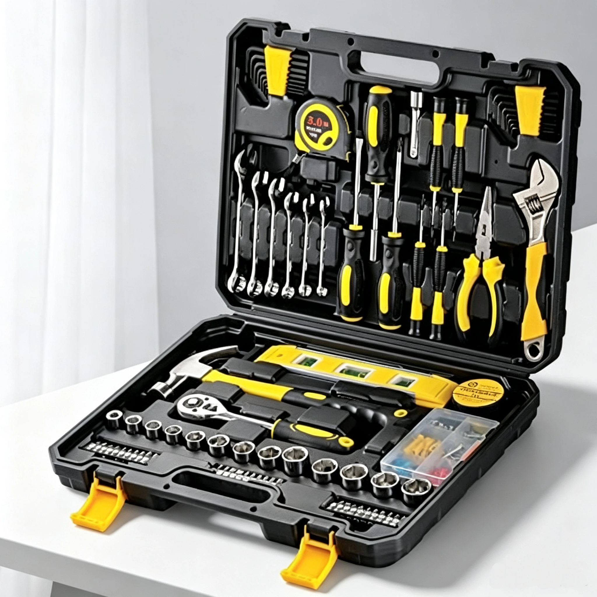 Set di utensili completo, 108 pezzi, contenuto in una robusta valigetta di plastica, set di utensili generici per riparazioni domestiche e automobilistiche, set di utensili per fai-da-te, artigiani e