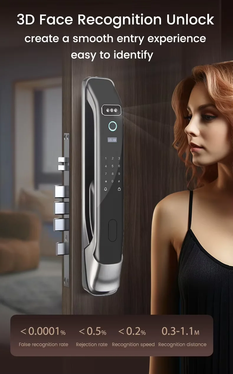 Smart lock 3D face recognition fingerprint waterproof smart door wifi remote photo capture unlocking with App key NFC  RFID Card