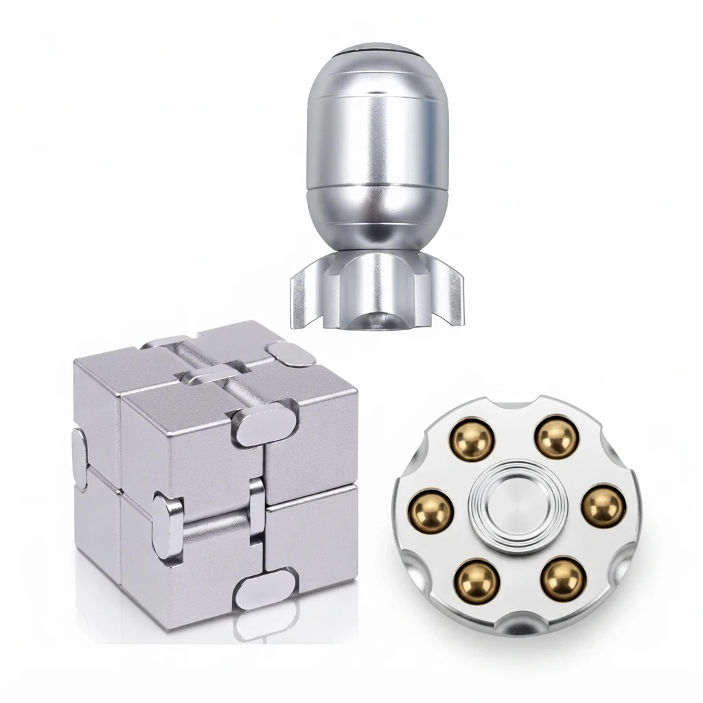 3Pcs Metal Kinetic Desk Toy Set Luxury Executive Stress Relief Fidget Infinite Alloy Cube Rotating Cylinder Spinner Torpedo Sculptures Premium Office Desktop Decor Gift Box