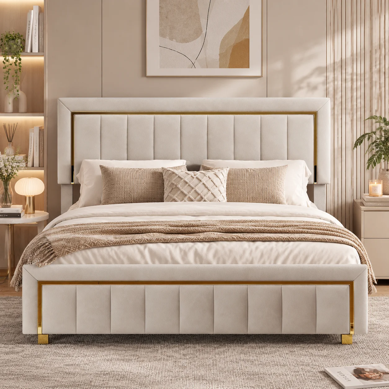 Lit Coffre 140x190 cm avec Sommier, Lit Double Rembourré en Velours Beige Déperlant, Design à Rayures Verticales et Bordure Dorée, Grand Espace de Rangement Hydraulique pour Chambre Adulte