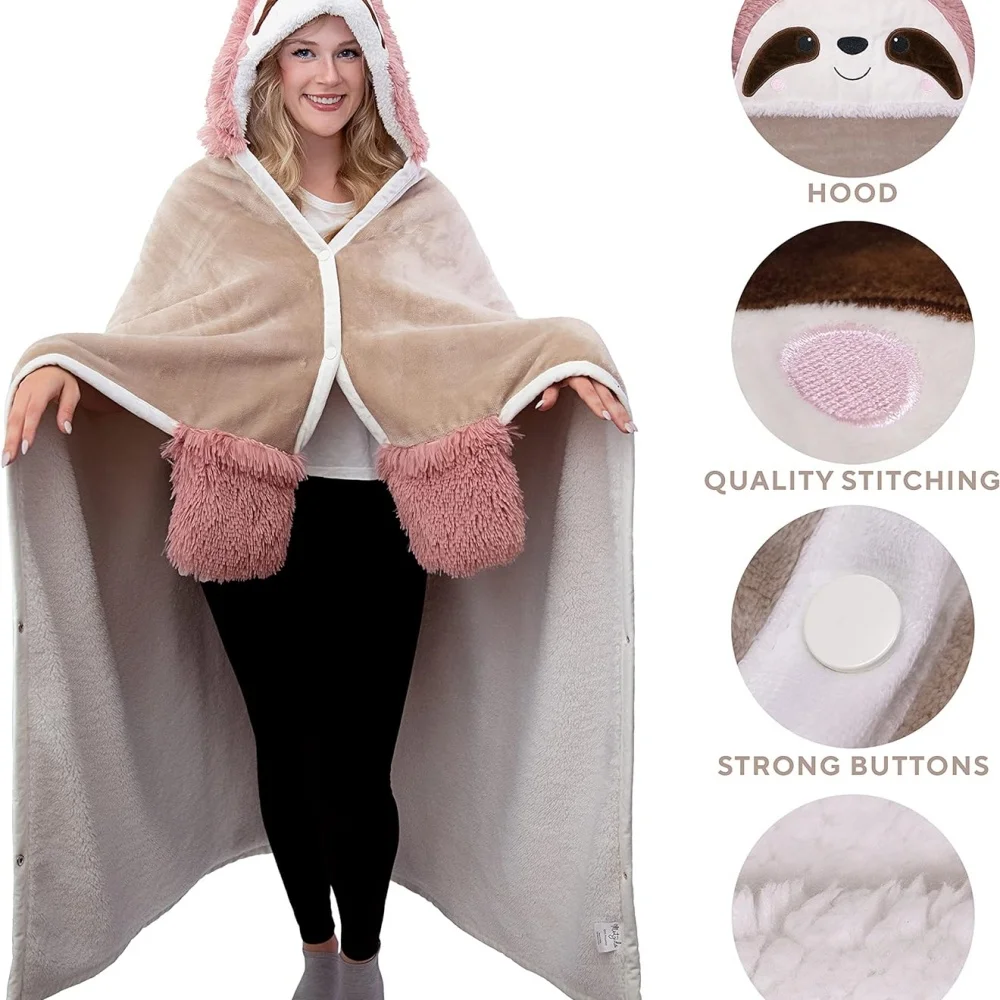 Sloth Manta con capucha usable para adultos, súper suave, peluda, cálida, acogedora, Sherpa, abrigo, regalo de Navidad