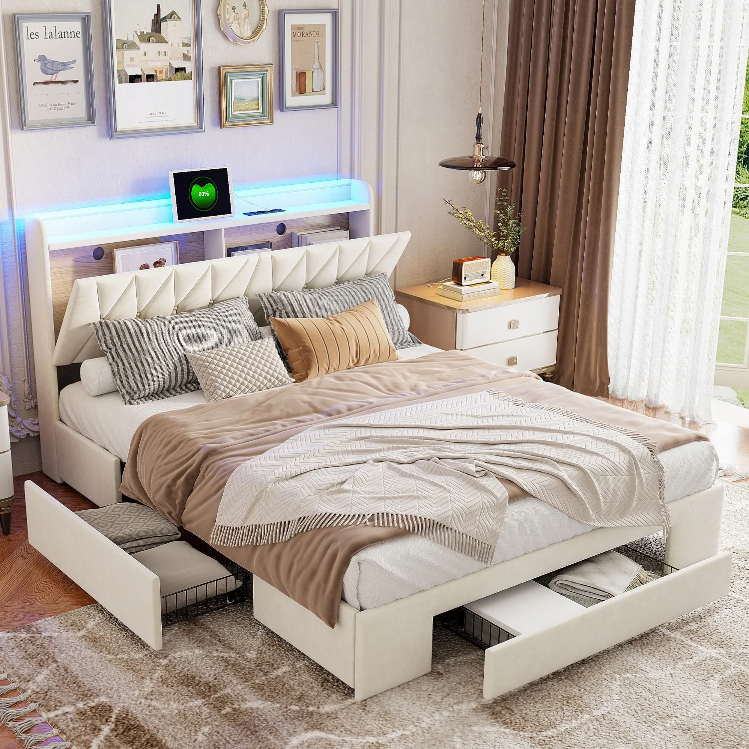 Bett mit Stauraum 140 x 190 cm mit 3 Schubladen, doppelt gepolstertes Bett mit Lattenrost, USB-Ladefunktion, Samt, Beige