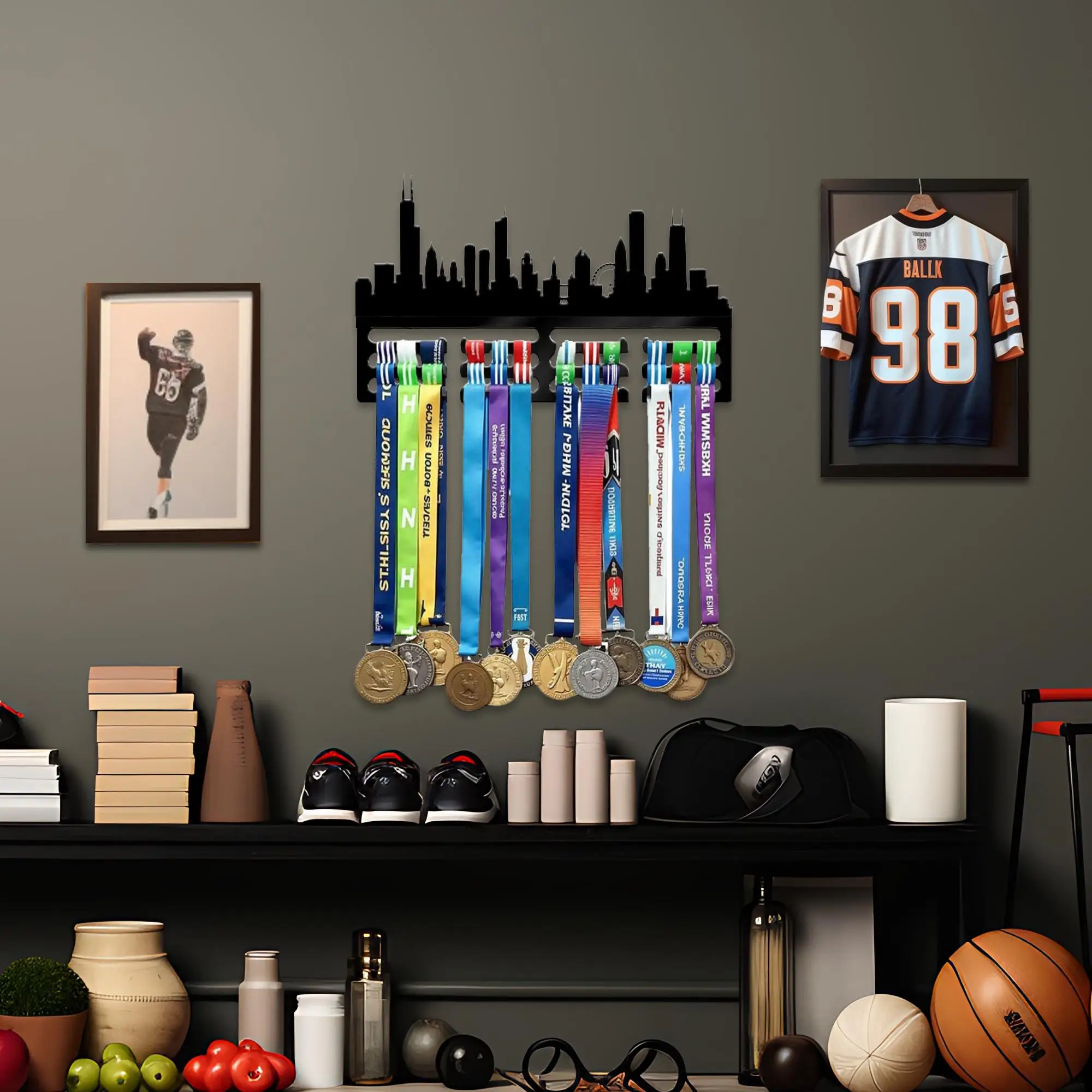 Chicago Skyline Sport Medal Hanger, Medal Holder Display Rack for Award and Ribbon, Cityscape Edition, Chicago Wall Art