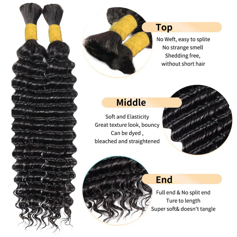 100g Human Braiding Hair No Weft Brazilian Deep Wave Bulk Human Hair for Braiding Hair Extensions for Boho Braids Wet and Wavy