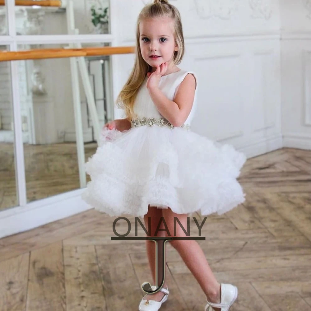 

JONANY Cute Tiered Flower Girl Dresses with Crystal Belt Aline Birthday Pageant Gown Communion Robe De Demoiselle Baby