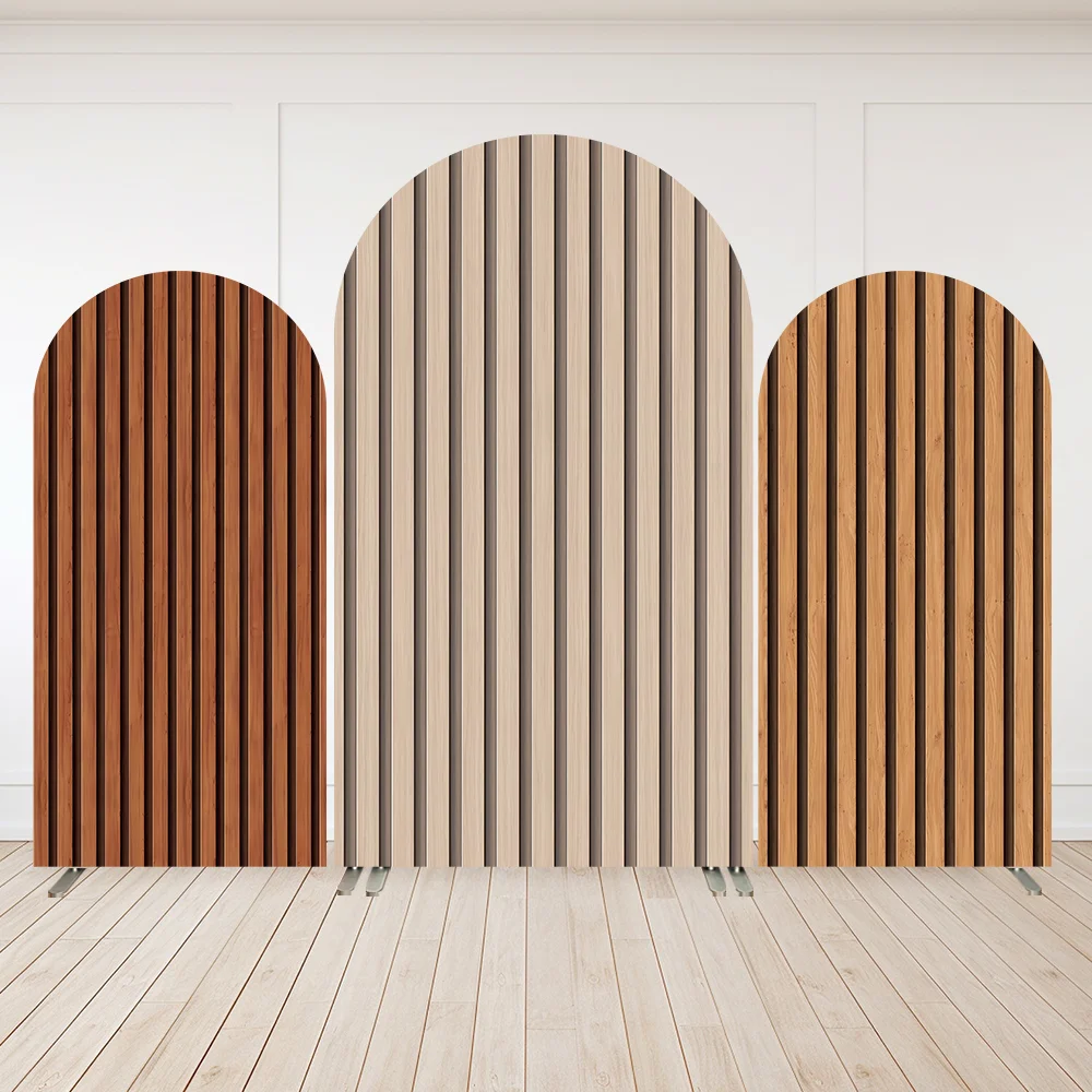 Brown Wood Ripple Stripes theme Party Arch Backdrop Wall Kids Baby Shower Birthday Arched Cover Background Banner 2-Sided